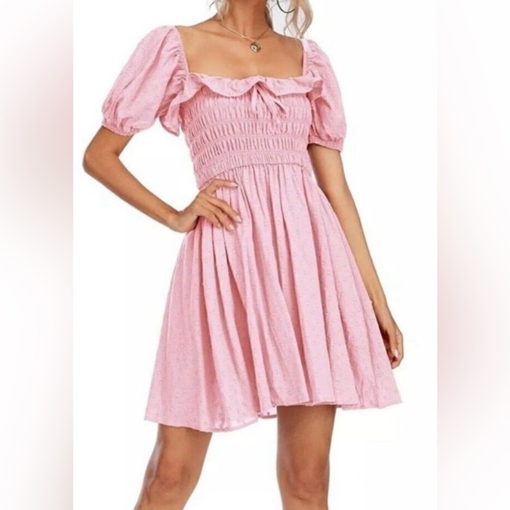 R. Vivimos Smocked Bodice Mini Dress Puffy Sleeves Low Cut in Pastel Pink Size S